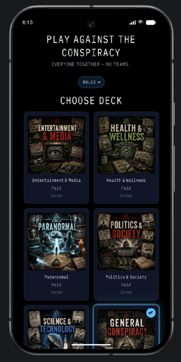 Conspiral deck selection screen with themed decks