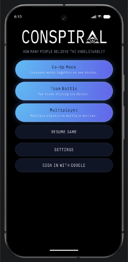 Conspiral home screen with modes for multiplayer, team battle, and co-op