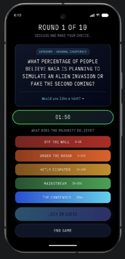 Conspiral round question screen asking players to guess public belief ranges